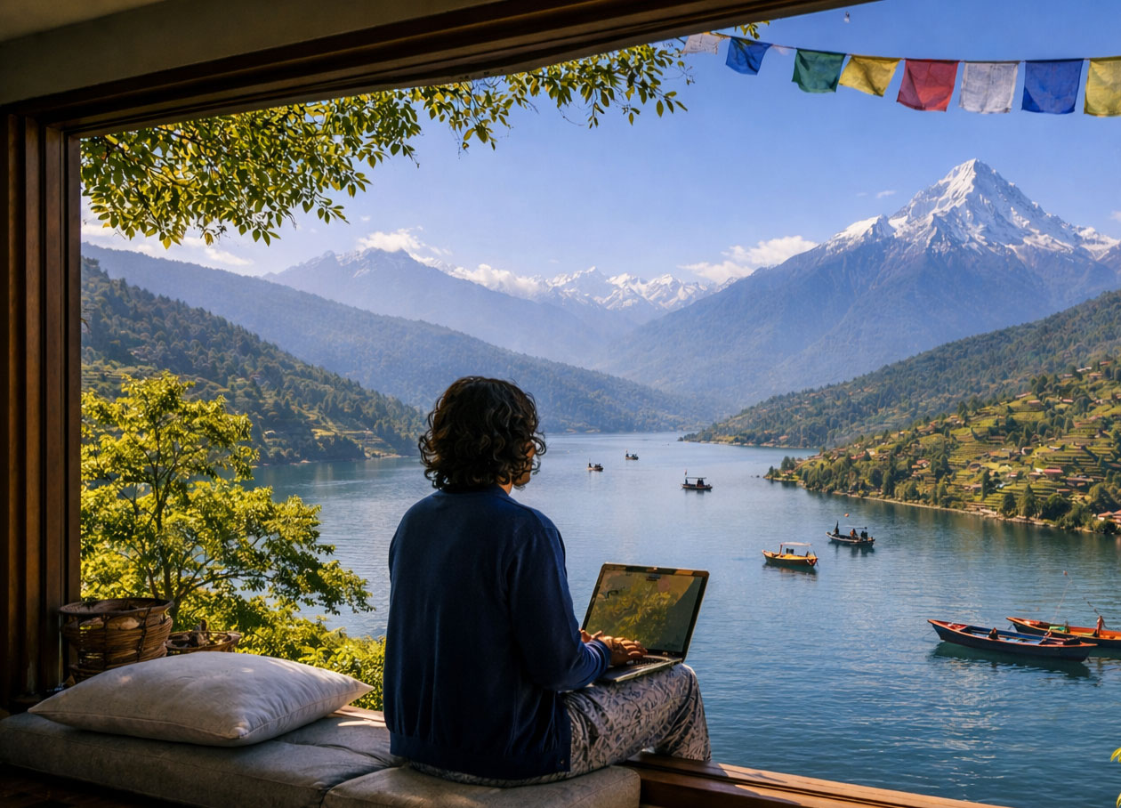 Digital nomad working at a cafe with Himalayan mountain views in Nepal